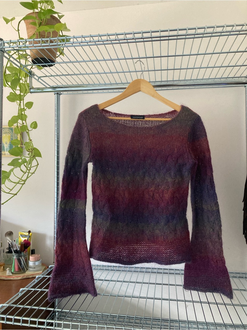 Ann Taylor Multicolor Ombre Knit Scoop-Neck Sweater in Plum and Charcoal